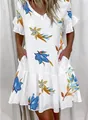 Short summer V-neck dress featuring blue leaf floral print and ruffle sleeve details - Leaf