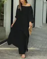 Street style προβολή μοντέλου του μαύρου σετ από λινό βαμβάκι με ασύμμετρη μπλούζα και παντελόνα - S / Τοπ Και Παντελόνι / Μαύρο