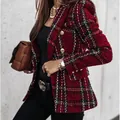 Detailed view of women's red plaid double-breasted tweed blazer with elegant gold buttons - S / Tops / Burgundy