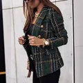 Macro detail shot showing the textured dark green plaid tweed and gold buttons of this blazer - S / Tops / Dark Green