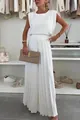 Elegant white sleeveless round neck top and pleated wide-leg pants two-piece leisure set - S / Top And Bottom / White