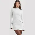 Elegant white long-sleeved slim-fit mini dress with high neck and hip-hugging silhouette - XS / Bottoms / White