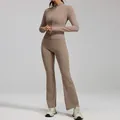Maillard brown yoga set with slim fit zip-up jacket and flared leggings for fitness. - 2XL / Top And Bottom / Cocoa