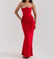 Elegant red strapless corset maxi dress with ruched detail for formal evening events - S / Dresses / Red