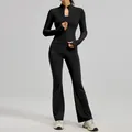 Professional black slim-fit yoga set with zip-up sports jacket and flare leggings - S / Top And Bottom / Starry Black
