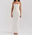 Elegant white strapless mermaid evening gown with corset bodice and draped waist detail - S / Dresses / White