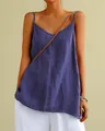 Lockeres lila Baumwoll-Leinen-Camisole für Damen mit schmalen Trägern und V-Ausschnitt. - S / Oberteile / Blau