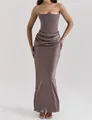 Elegant taupe strapless mermaid evening gown with draped waist and corset bodice - S / Dresses / Gray