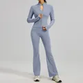 Slim fit dusty blue yoga set featuring a zip-up jacket and flared sports trousers - S / Top And Bottom / Grayish Blue