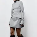 Elegant grey high neck long sleeve mini dress with architectural hip flap details - XS / Top And Bottom / Gray