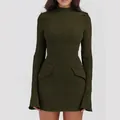 Sophisticated dark olive green slim fit long sleeve mini dress featuring decorative pocket flaps - XS / Tops / Green