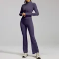 Women's two-piece purple yoga set with a slim-fit zip-up jacket and flared leggings for gym - S / Top And Bottom / Eggplant Purple