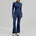 Schlankmachendes Yoga-Set in Marineblau mit langärmligem Reißverschluss-Top und Leggings. - Walblau