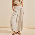 Boho στυλ βαμβακερή παντελόνα με ψηλή μέση και λεπτομέρειες σφηκοφωλιάς στη μέση - Ζαχαρί