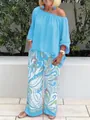 Summer women's two-piece set featuring light blue off-shoulder top and floral wide-leg pants - S / Top And Bottom / Light Blue