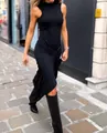 Elegant black sleeveless bodycon dress with twist waist detail for women - XS / Black