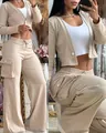 Stylish beige 3-piece casual women's set with cropped cardigan and wide-leg cargo pants - S / Top And Bottom / Khaki