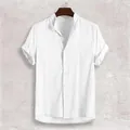 Camicia casual estiva da uomo in cotone e lino a maniche corte con colletto alla coreana - Taglia S / Top / Bianco