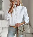 Elegant white seersucker blouse with ruffle collar and long sleeves for women - White