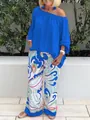 Casual two-piece set with royal blue off-shoulder top and printed wide-leg trousers - S / Top And Bottom / Dark Blue