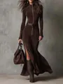 Elegante abito midi marrone scuro con collo alto cerniera cintura e spacco laterale - Caffè