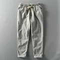 Loose light grey men's linen drawstring trousers for a casual and breathable look - 2XL (125-140 Jin) / Bottoms / Light Gray