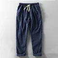 Men's minimalist navy blue linen trousers with breathable drawstring waist and loose fit - L (95-110 Jin) / Bottoms / Navy Blue
