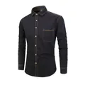 Men's black cotton denim shirt with orange contrast stitching and a single chest pocket - 38/S / Tops / Black