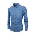 Men's long-sleeve cotton denim shirt in casual blue with button-down collar and chest pocket. - 38/S / Tops / Light Blue