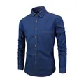 Classic blue pure cotton long-sleeve denim shirt for men with pocket detail - 38/S / Tops / Dark Blue