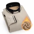 Men's khaki fleece-lined fake two-piece knit sweater with black shirt collar detail - L / Tops / Apricot