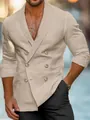 Close-up of men's beige double-breasted cotton linen shirt with stylish wooden buttons. - S / Tops / Apricot