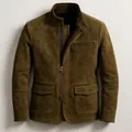 Detailed front view of men's vintage brown suede jacket featuring a stand collar and multi-zipper design - S / Tops / Khaki