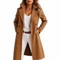 Detail of camel wool blend coat featuring elegant lapel collar and double breasted design - Tan