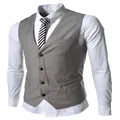 Close-up detail of light grey slim fit business casual waistcoat vest with chain for men - S / Tops / Gray
