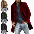 Men's mid-length wool blend trench coat with stand collar in multiple colors - Burgundy
