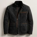 Close-up of premium dark gray stand-up collar jacket with refined brown zipper details - S / Tops / Dark Gray