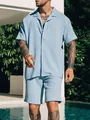 Men's casual light blue summer set featuring a textured shirt and matching shorts - S / Top And Bottom / Blue
