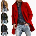 Detail view of men's mid-length wool coats in red, khaki, dark green, and black colors. - Red