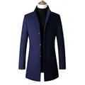 Front view of a men's navy blue wool coat with stand collar and single-breasted buttons. - S / Tops / Navy Blue