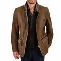 Detailed view of men's vintage brown jacket with stand collar and zipper accents - S / Tops / Dark Brown