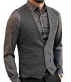 Detailed view of men's grey herringbone pattern V-neck casual vest with buttons - XS / Tops / Gray
