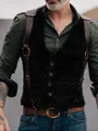 Vue détaillée d'un gilet pour homme de style vintage avec sangles en cuir et boucles en métal. - S / Hauts / Noir