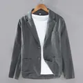 Detailed macro view of men's dark grey cotton linen casual blazer with patch pockets - M / Tops / Gray