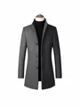 Detailed view of a men's grey wool overcoat featuring a quilted warm lining and stand collar - S / Tops / Gray