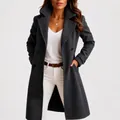 Elegant long dark grey wool coat with lapel design for women in autumn and winter - S / Tops / Space Gray