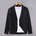 Premium men's casual black cotton linen blazer jacket with two buttons and notch lapel - M / Tops / Black