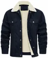 High quality detail of men's navy blue corduroy jacket featuring warm white fleece lining - S / Tops / Navy Blue
