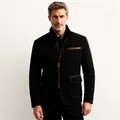 Frontal view of high-quality black men's casual jacket with leather trim and stand collar - S / Tops / Black