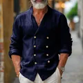 Vue détaillée de la chemise en lin pour hommes à double boutonnage avec col montant - Bleu marine